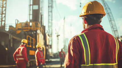 A man in a yellow hard hat stands in front of a construction site