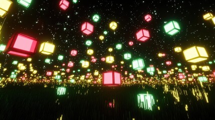 A forest of neon-lit cubes stretches into the night, their glowing geometric shapes contrasting with the endless black sky overhead.