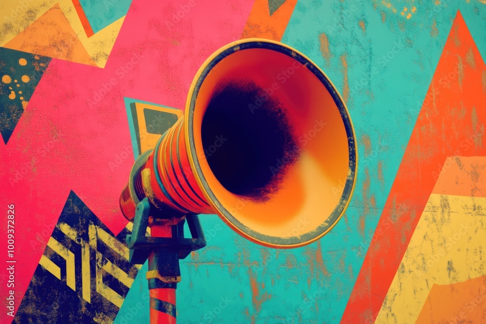 Poster a large orange horn sits atop a vibrant wall, perfect for adding a pop of color to any design