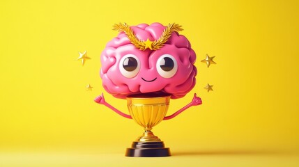A happy pink brain with a gold laurel wreath on its head stands on a golden trophy with its thumbs up, surrounded by gold stars on a yellow background.