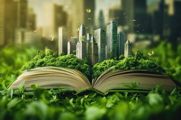 A book sitting in a green field, great for nature or education themed projects