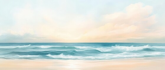 Obraz premium Design a calming ocean view wallpaper with soft waves and a pastel sky, creating a tranquil beach atmosphere. 