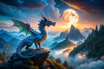 Majestic Imoogi Dragon Emerging from Misty Mountains Under a Moonlit Sky in a Fantasy Landscape