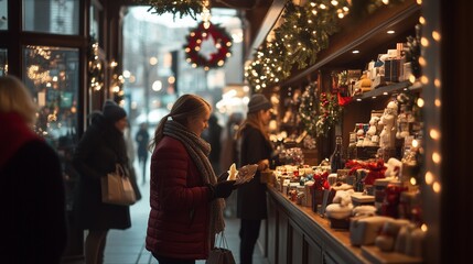 the festive atmosphere of a Christmas market, showcasing the lively scene of shoppers exploring the various vendor stalls and surrounded by twinkling lights and holiday decorations.