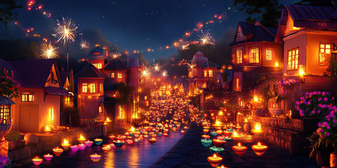 Obraz premium A joyful celebration of Diwali, India's Festival of Lights, with colorful lanterns and sparklers adorning homes and streets.