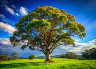 Fototapeta premium Majestic Ironbark Tree in Lush Green Landscape Under Clear Blue Sky Capturing Nature's Beauty