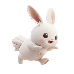 Obraz premium Cute 3D white rabbit running bunny cartoon animal character mascot isolated render PNG transparent background easter holiday pet design element furry mammal adorable whiskers happy hopping jump