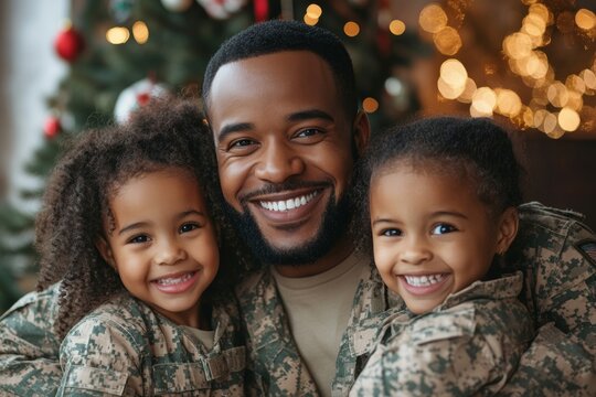 Happy military dad spending Christmas with his children, Generative AI - Powered by Adobe