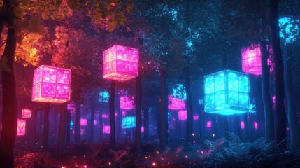 A glowing forest of cube-shaped trees lights up the night with neon brilliance, standing out against a pitch-black sky.