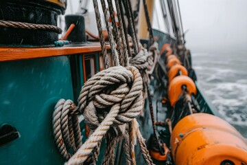 Close-up of weathered nautical ropes tied in knots on a boat, blurred water background © antusher