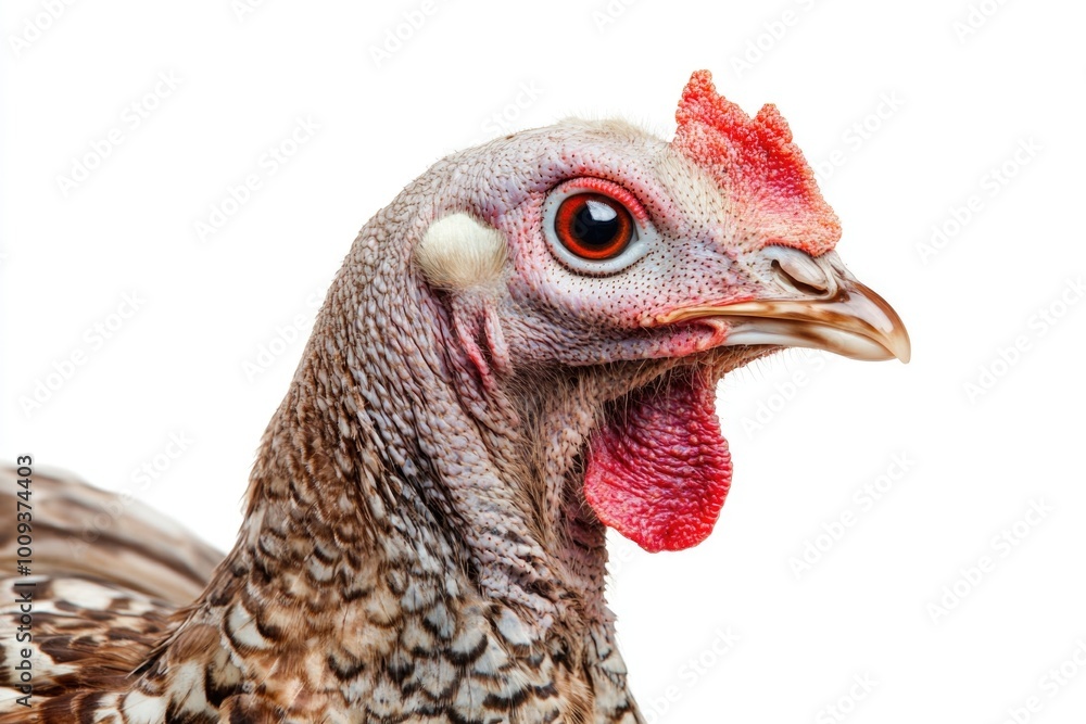 Poster a close-up shot of a chicken with a distinctive red beak