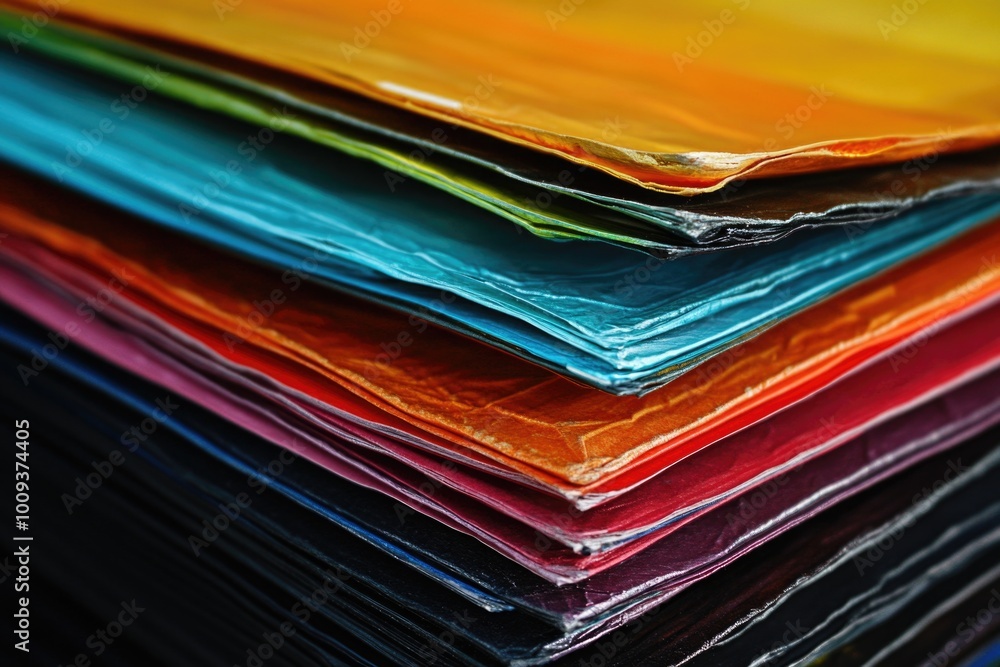 Poster A close-up view of a stack of colorful papers, often used for creative projects and organizational purposes