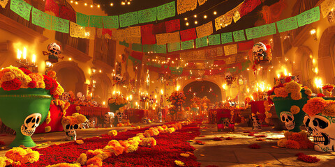 Mexican fiesta during Dia de Los Muertos, honoring deceased loved ones.