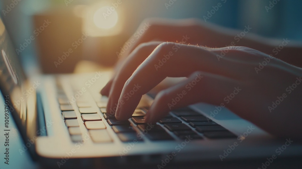 Poster close-up shot of a person working on their laptop, possibly writing an email or creating content