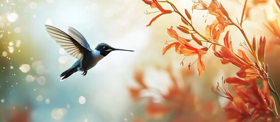 Naklejka premium Hummingbird in Flight with Orange Flowers