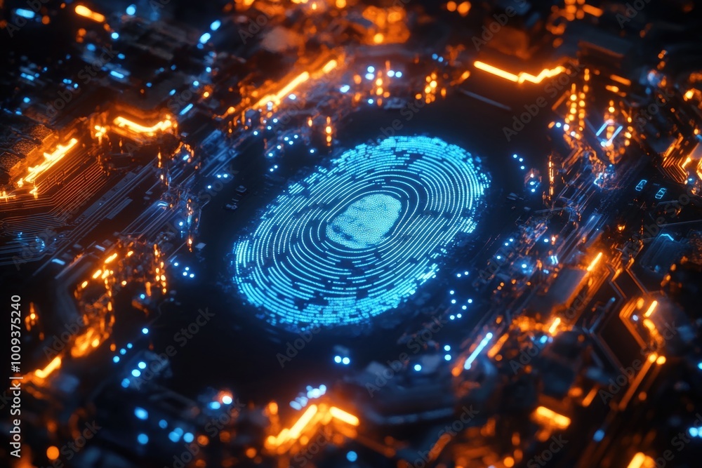Poster a close-up of a fingerprint on a circuit board surrounded by bright lights, suitable for tech-relate