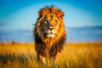 Majestic Lion Roaming the African Savanna Under a Clear Blue Sky in Natural Habitat Setting