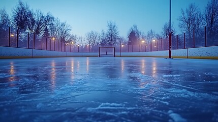 An empty hockey rink with a single goal at dusk.