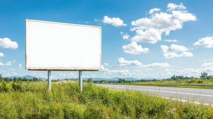 Blank billboard on a quiet highway, overgrown grass and countryside in view, vintage aesthetic, highresolution