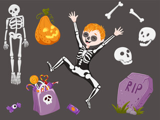 Cartoon skeleton elements. Halloween stickers with a boy dressed up as a skeleton, funny character, grave, pumpkin, bones, candy bag spooky vector set. Illustration of a child in a Halloween costume