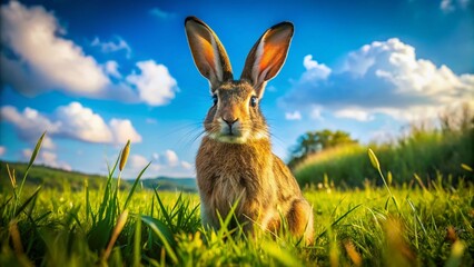 Obraz premium Majestic Long-Eared Rabbit Sitting Gracefully in a Lush Green Meadow Under a Clear Blue Sky