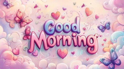 Colorful "Good Morning" text with butterflies and hearts on a pink and blue background.