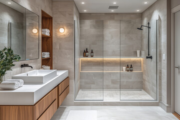 Minimalist bathroom with soft white walls and gray stone tiles