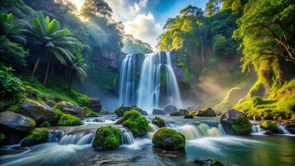 Majestic Low Angle View of Waterfall Cascading Over Rocks Surrounded by Lush Greenery and Mist