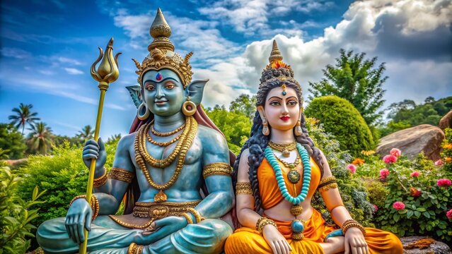 Majestic Lord Shiva and Goddess Parvati Statues in Serene Natural Surroundings with Spiritual Vibes