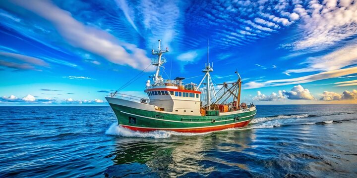 Majestic Longliner Fishing Vessel at Sea with Blue Waters and Clear Skies in a Coastal Landscape
