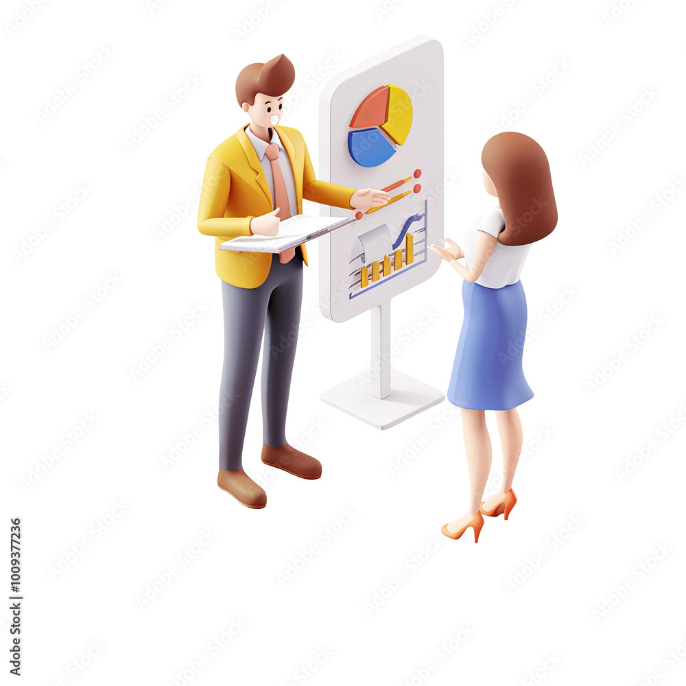 Wall mural 3d business people discussing pie chart and bar graph analytics teamwork office work presentation bu