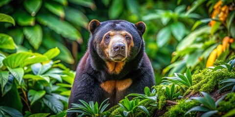 Majestic Malayan Sun Bear in Natural Habitat Surrounded by Lush Greenery and Tropical Vegetation