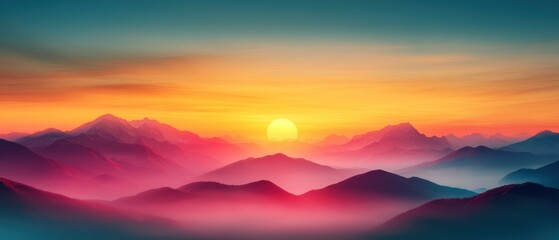 Obraz premium A majestic view of mountains silhouetted against a fiery sunset.