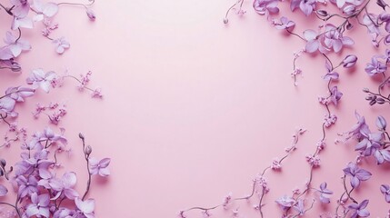 Delicate purple flowers in a floral frame on a pink background.