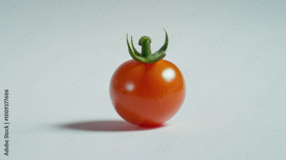 Poster a single red tomato with a green stem on a white background