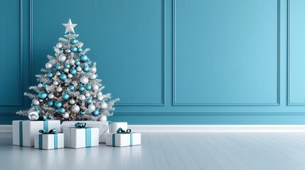 Luxurious living room with silver and blue Christmas decorations, elegant holiday spirit, 3D illustration