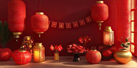 A festive Chinese New Year's Eve gathering with bright red lanterns, gold decorations, and traditional red envelopes for good luck.