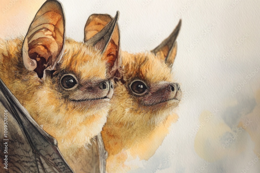 Poster a close-up view of two bats hanging upside down from a tree branch