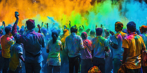 The vibrancy of Holi, the Hindu festival of colors, with revelers covered in rainbow hues of blue, green, yellow, and orange.