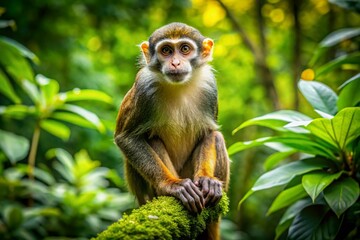 Obraz premium Majestic Monkey Sitting on a Tree Branch in a Lush Green Jungle Habitat Under Bright Sunlight