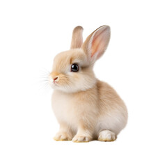 An adorable baby bunny with soft, light brown fur and big ears, sitting up on a transparent background