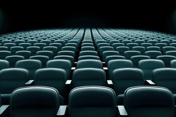 Obraz premium Empty vintage cinema theater, green seats illuminated by a soft, mysterious light, rows of chairs neatly aligned, create a pattern.