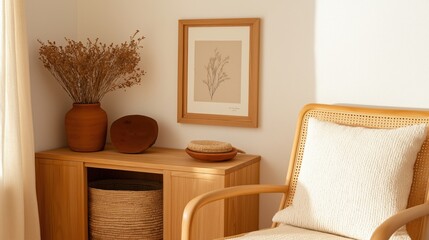 Cozy modern living room with wooden accents and minimalist decor