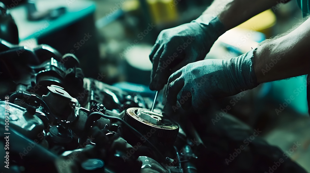 Poster close-up of a mechanic's hands expertly repairing an engine with tools while surrounded by automotiv