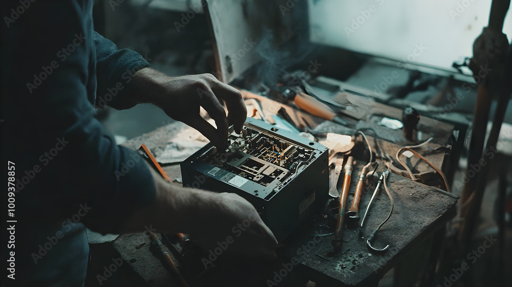 Poster a close-up of an electrician repairing a fuse box with tools scattered around, showcasing skill and 