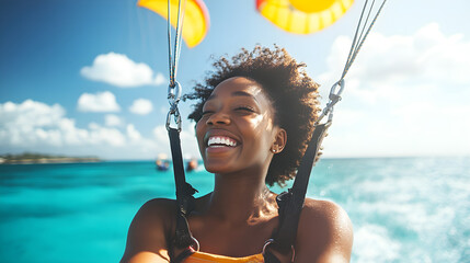 A black woman smiles joyfully while parasailing above a vibrant blue ocean, capturing a sense of adventure and freedom under a bright sky