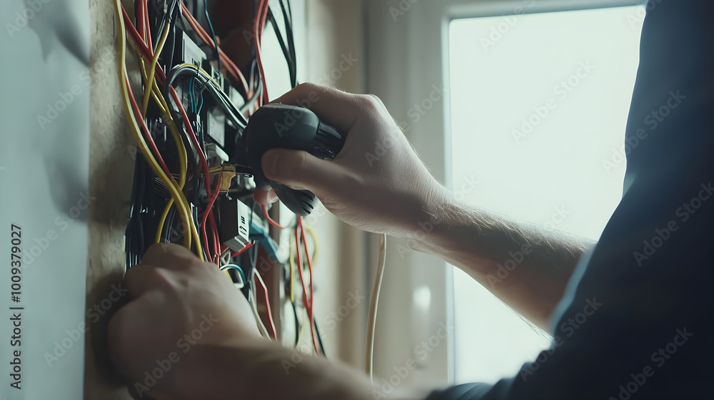 Poster electrician is installing wiring in a modern home with tools and colorful cables while focused on th
