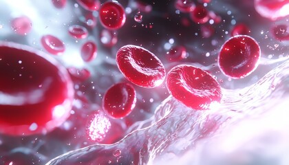 A close-up 3D view of oxygen-rich red blood cells circulating through a vein, with glowing oxygen molecules attached to hemoglobin.