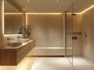 Minimalist bathroom with floating wood vanity