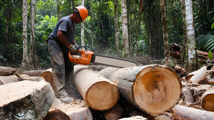 A logging worker operates a chainsaw to cut through large logs in a lush forest, showcasing the power of machinery and the beauty of nature